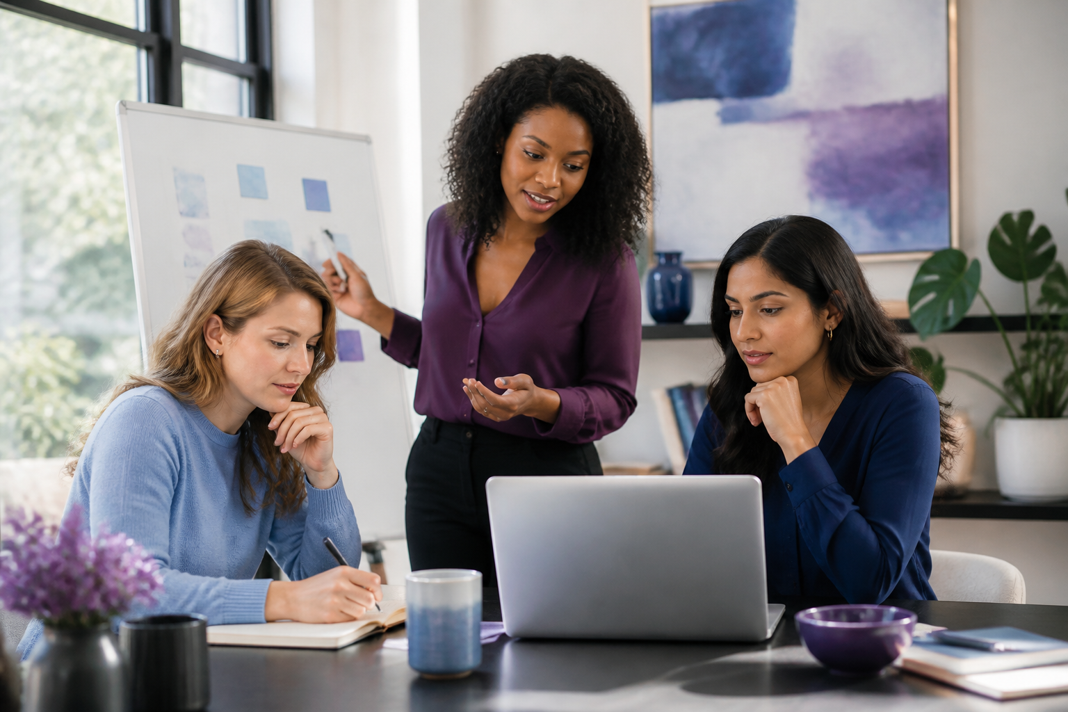 Three diverse women collaborating and building their businesses